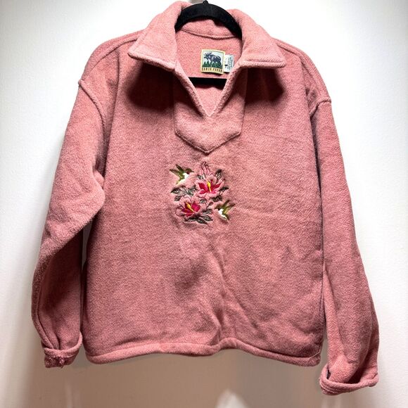 Cabin Fever Sweater Heavyweight Size Medium Acrylic Pink Hummingbirds Flowers - Picture 2 of 9